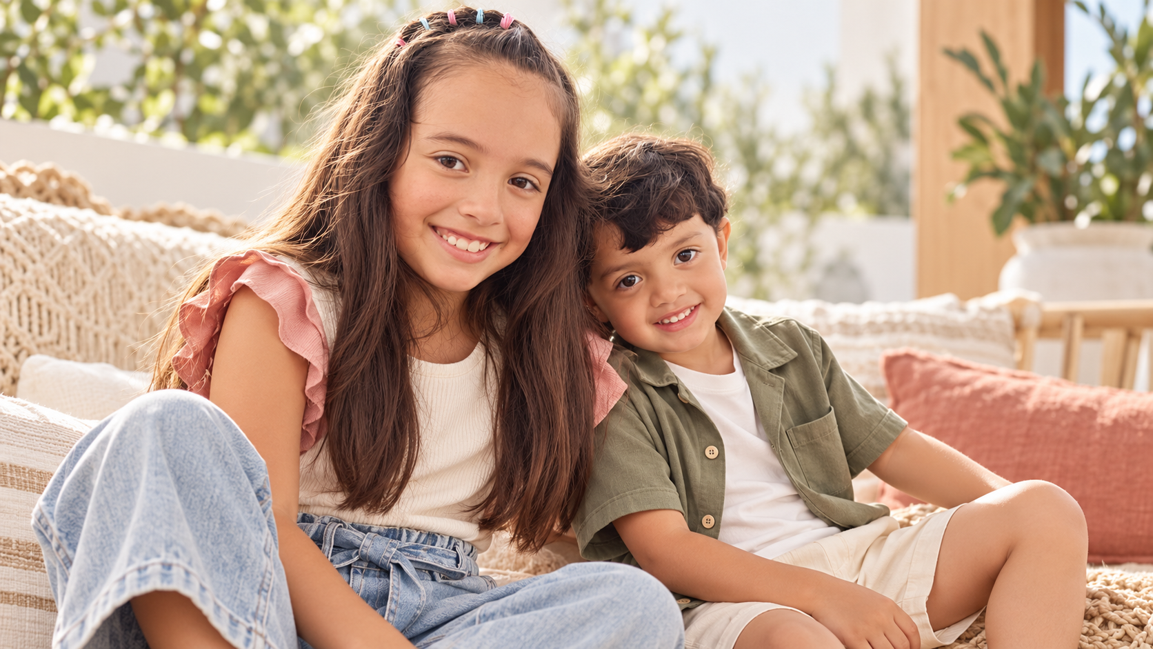 Dos niños en un patio soleado con look casual TACTIKA